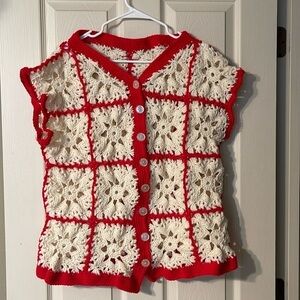 Hand knitted red and white vest. Women’s size S/M